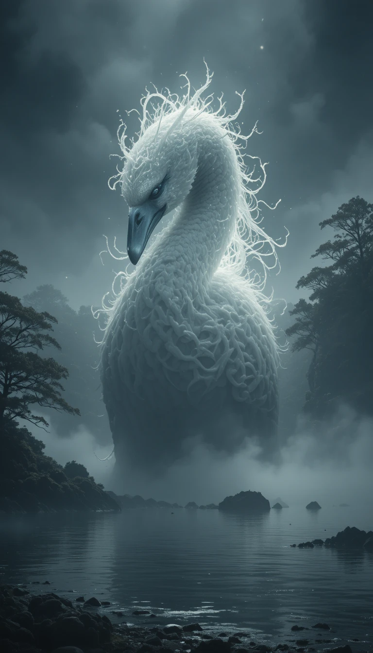 Cygne fantomatique s’élevant de la brume au-dessus d’un lac hanté
