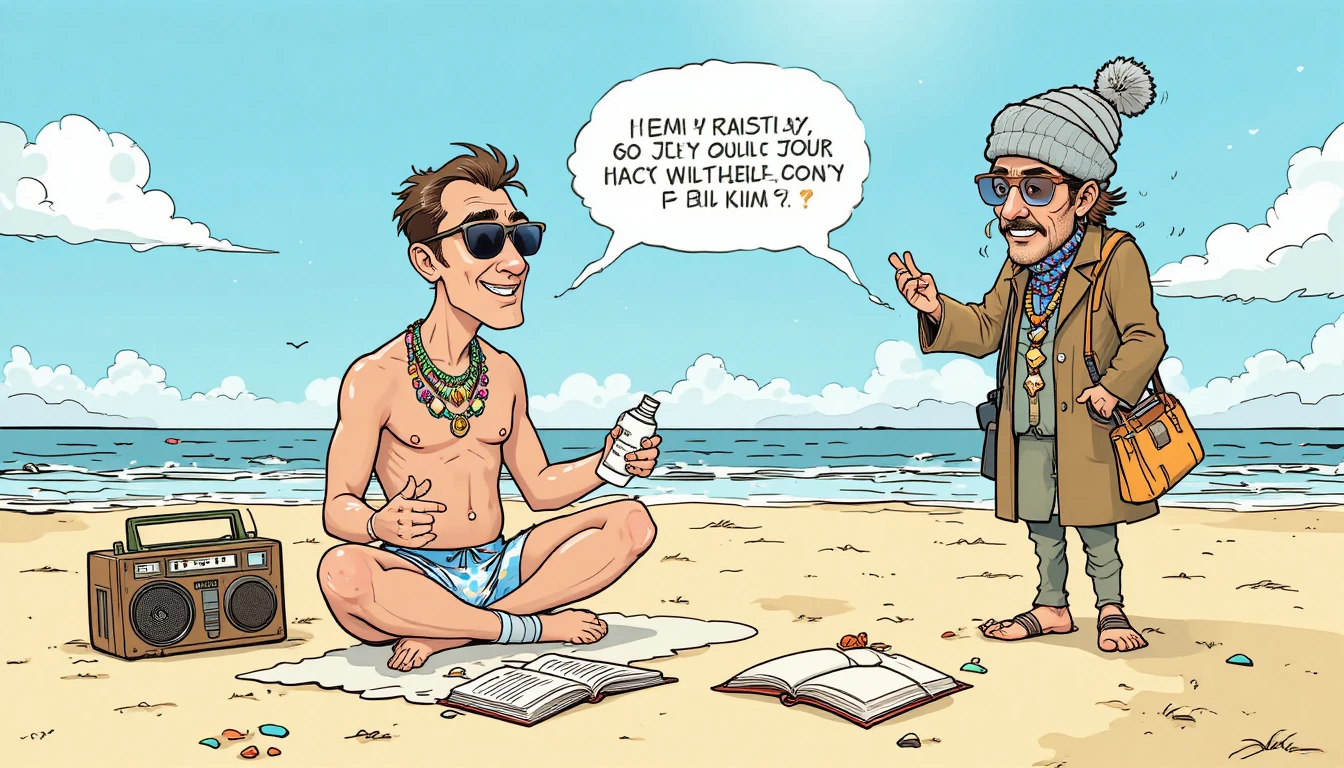Cartoon bem-humorado de dois homens com trajes de praia contrastantes