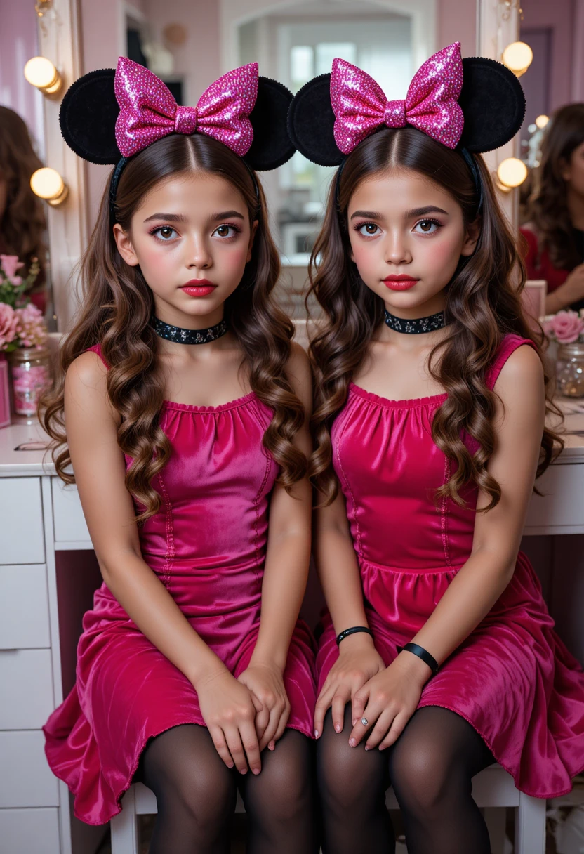 Meninos pré-adolescentes de vestido rosa em uma penteadeira de maquiagem