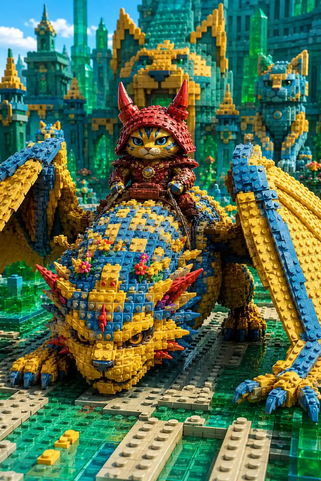 Dragon massif en briques avec cavalier chat guerrier chibi