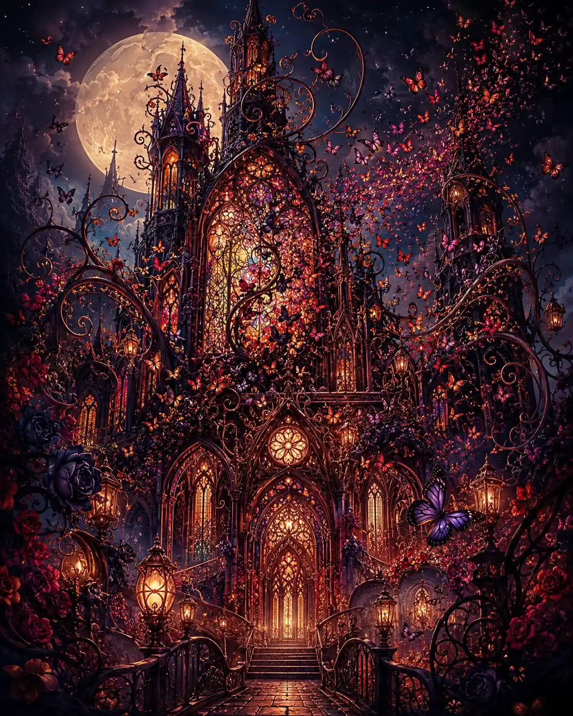 Catedral gótica de borboletas sob o luar luminoso