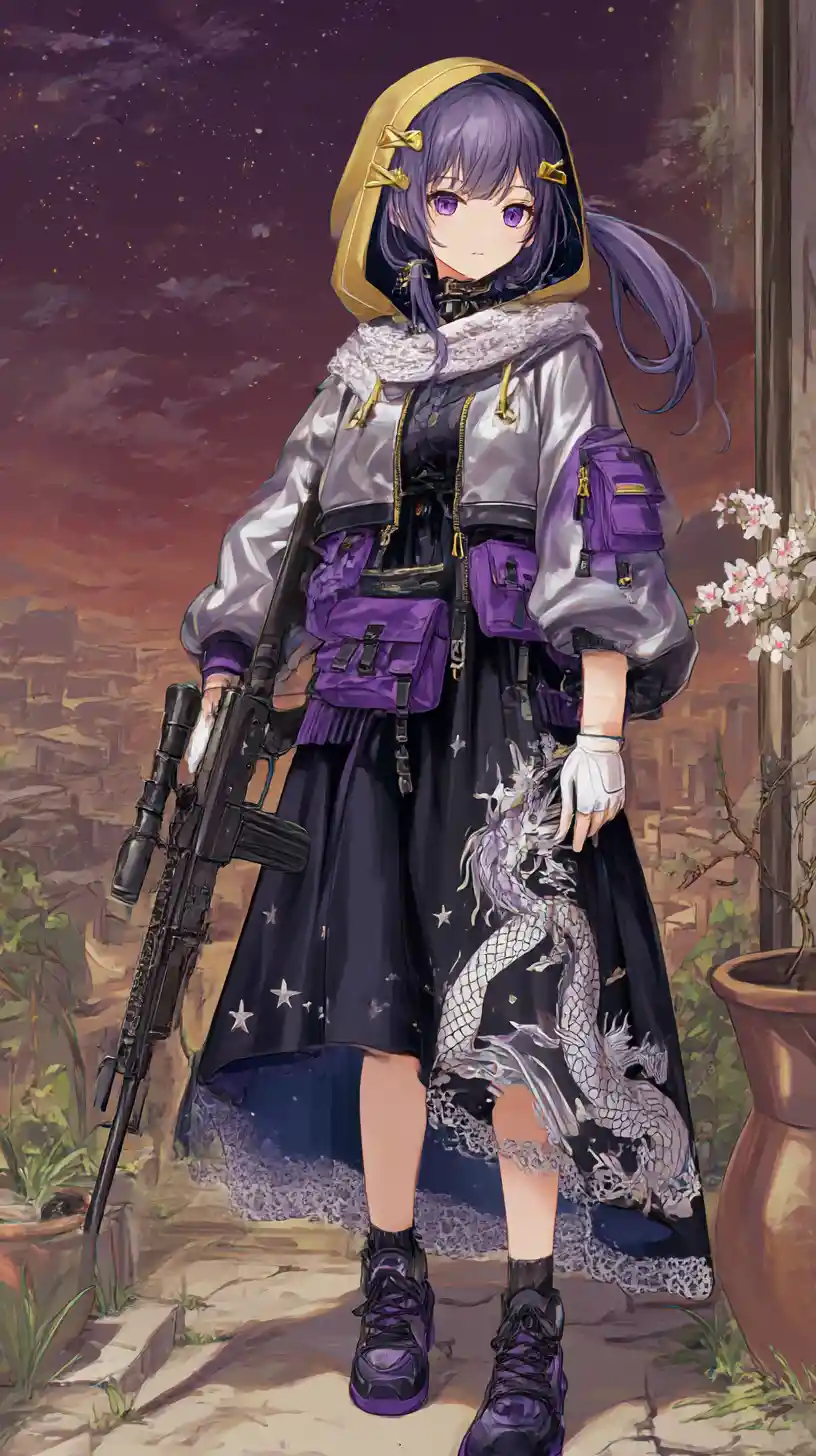 Anime girl with rifle in a burning urban war zone