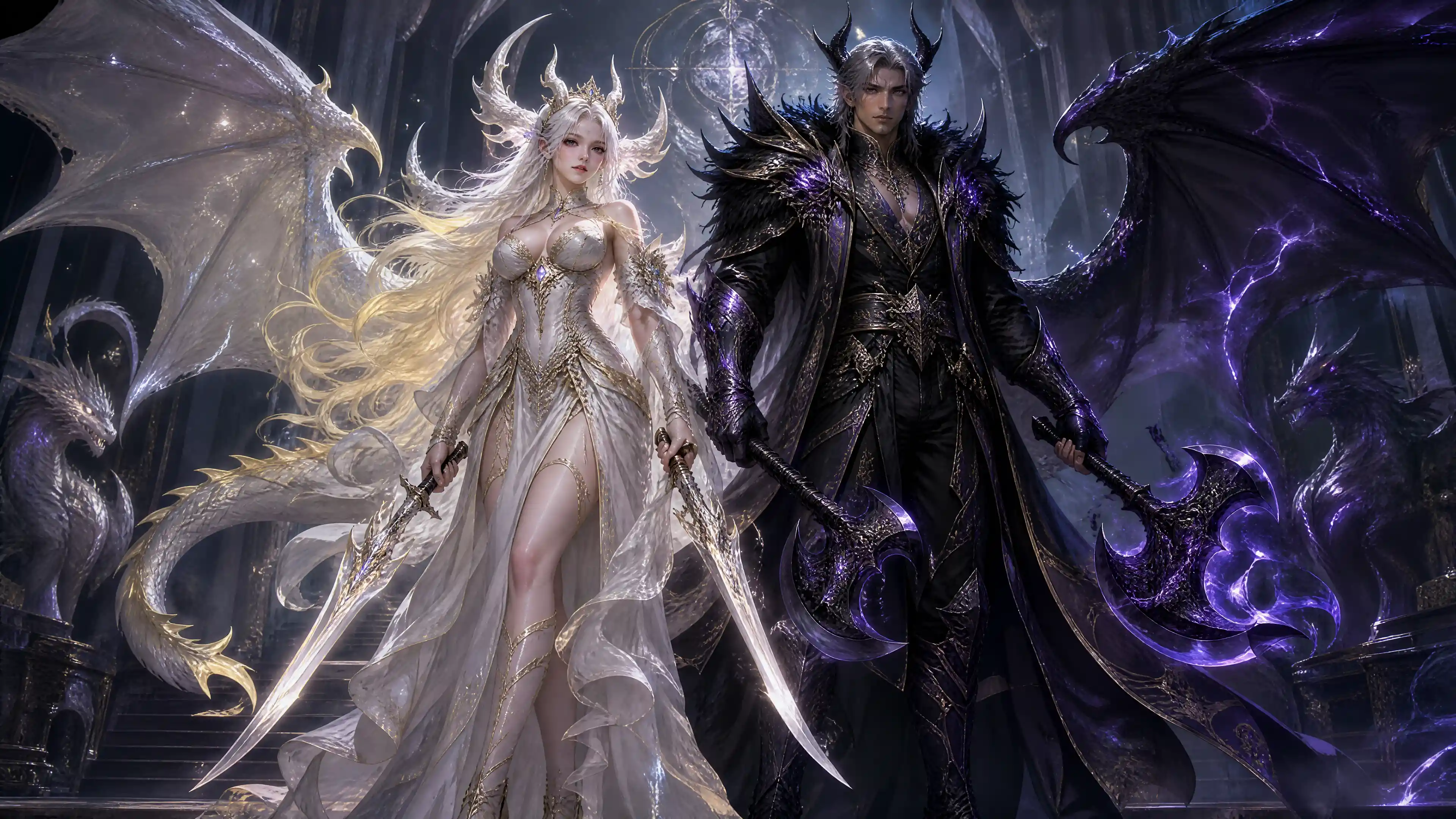 Spirit dragon queen with ethereal horns wings and swords