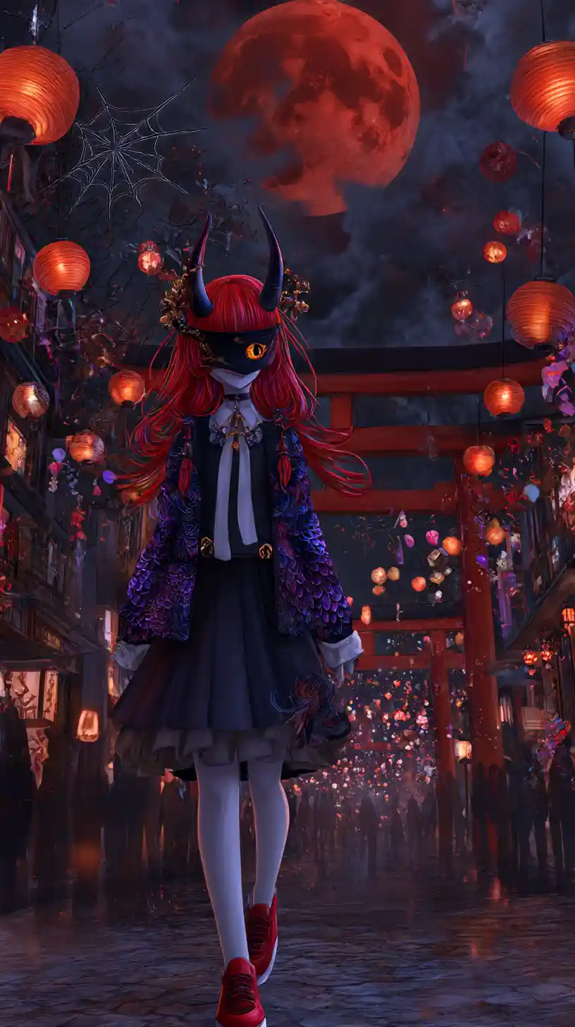 Fantasie-Karnevalsstraße mit maskiertem Anime-Mädchen in der Dämmerung