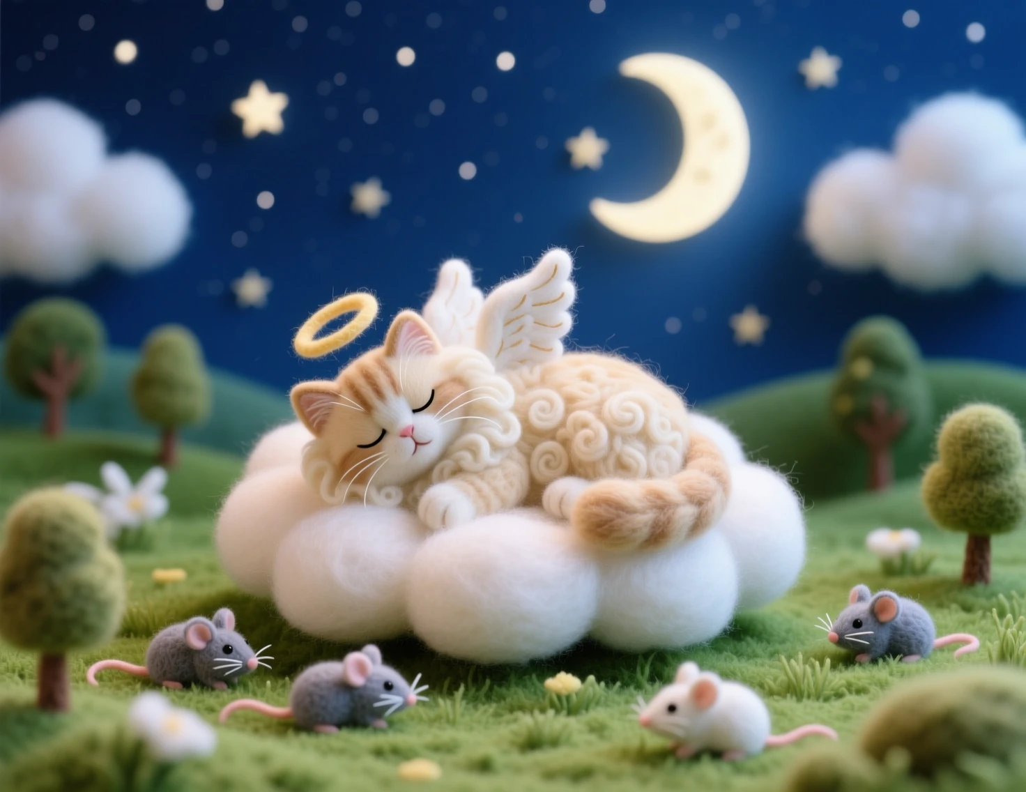 夜の雲の上で眠るフェルトの天使猫