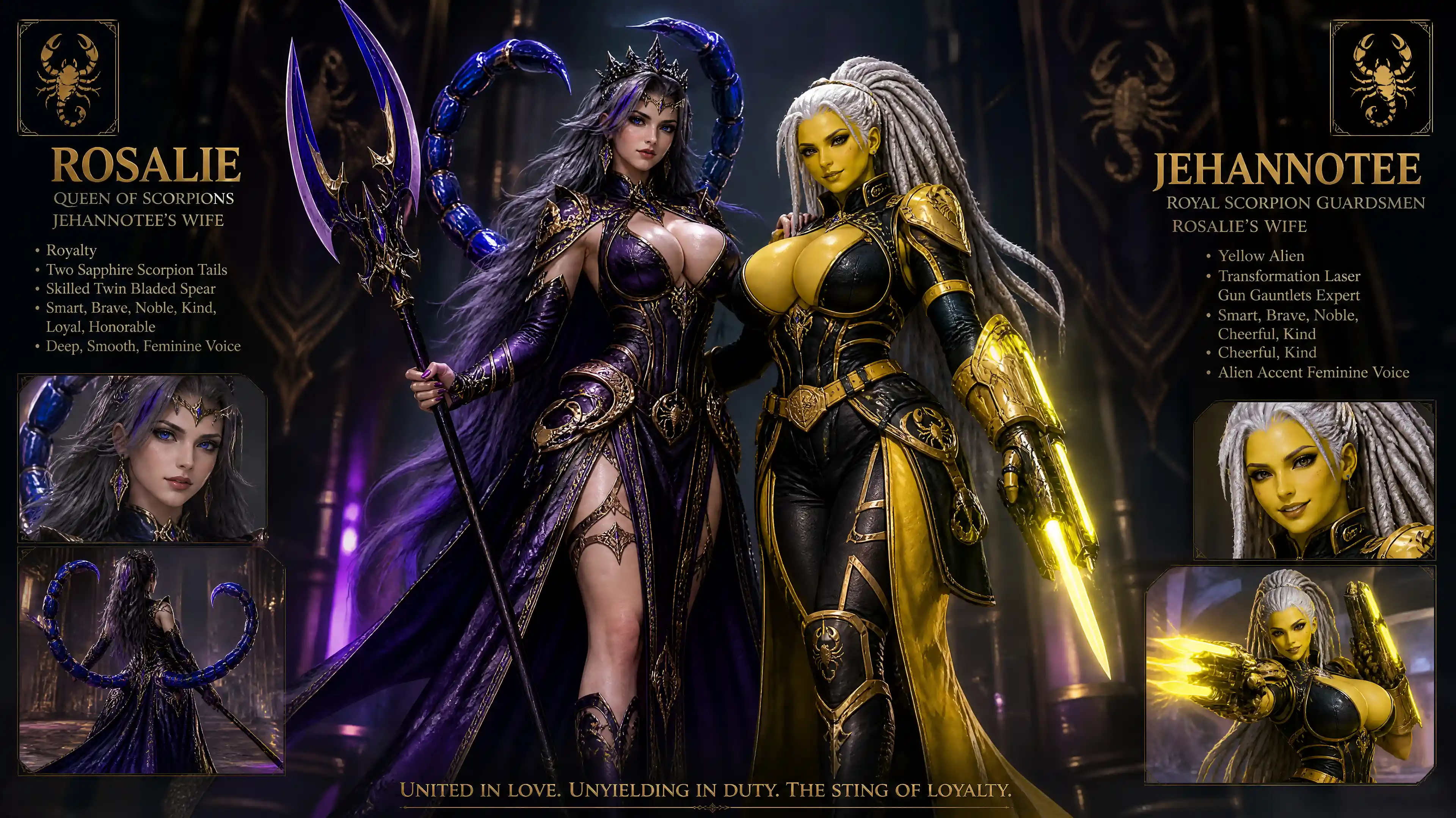 Fantasy scorpion queen with twin sapphire tails and spear