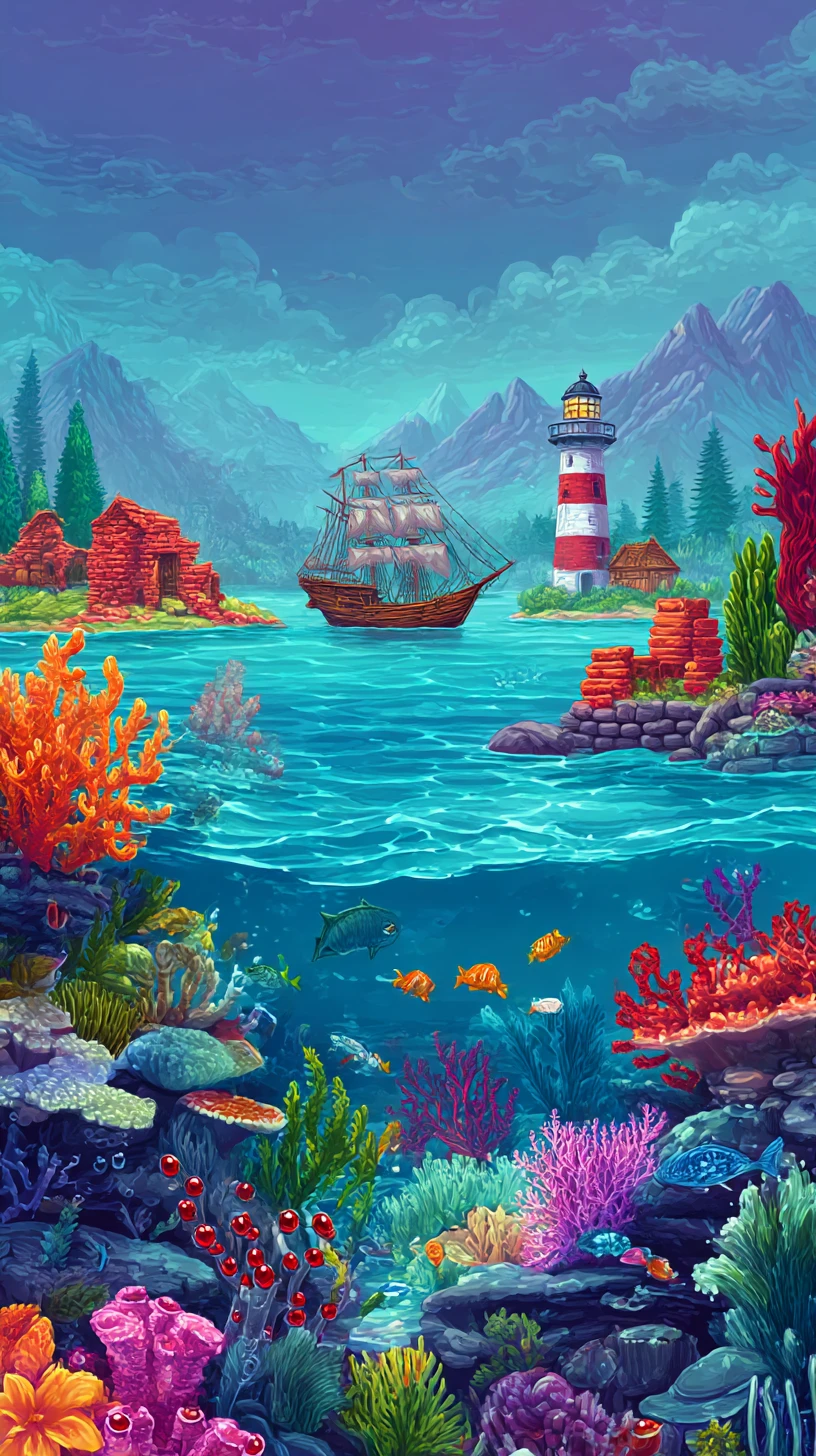 色とりどりのサンゴ礁と小さな魚が泳ぐ水中風景