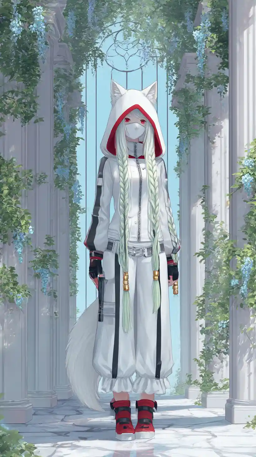 Maskiertes Anime-Mädchen mit weißen Haaren und taktischer Ausrüstung