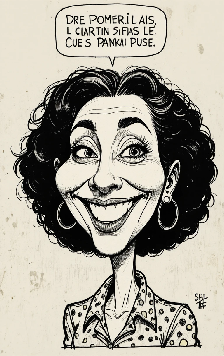 Humorvolle Karikatur einer Frau mit lockigem Haar und Creolen