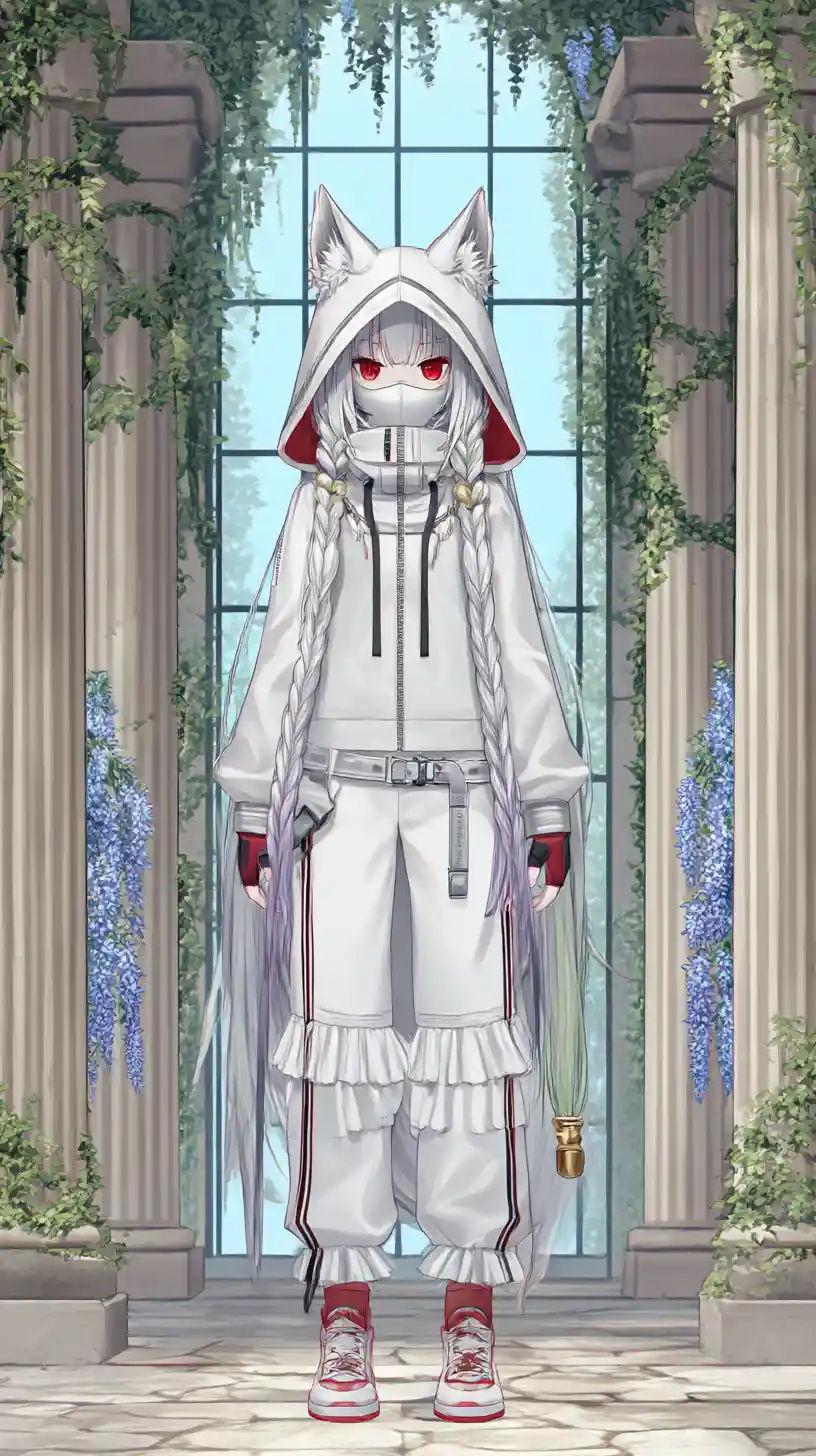 Weißhaariges Anime-Mädchen im maskierten futuristischen Outfit