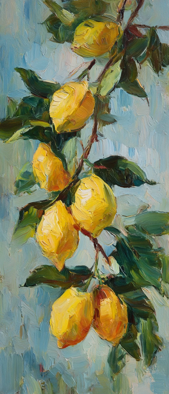 Pintura a óleo impressionista de limões pendendo em ramos frondosos