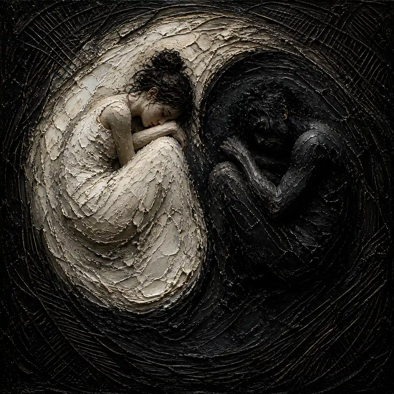 Dark impasto yin and yang forms in deep shadow