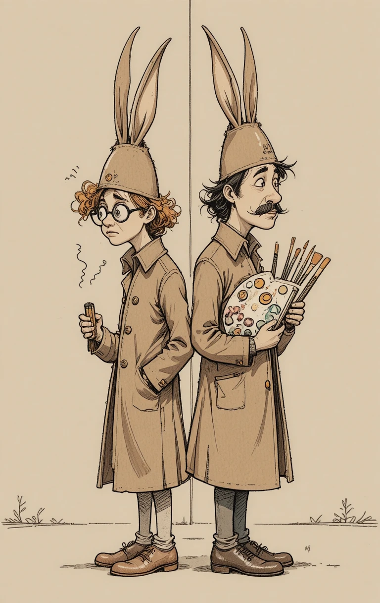 Verspieltes Cartoon-Duo mit spitzen Hüten Rücken an Rücken
