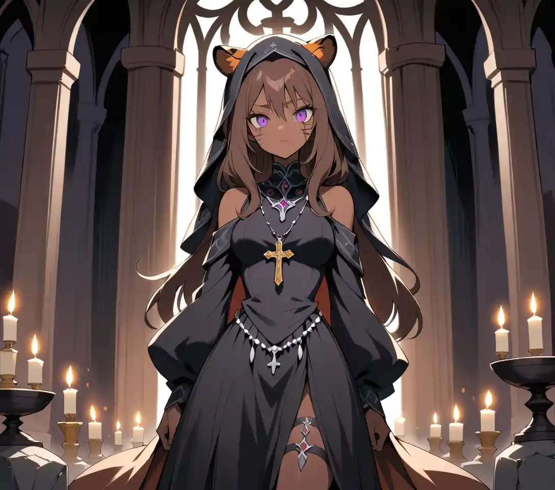 Scarred tiger maiden before a gothic altar in candlelight