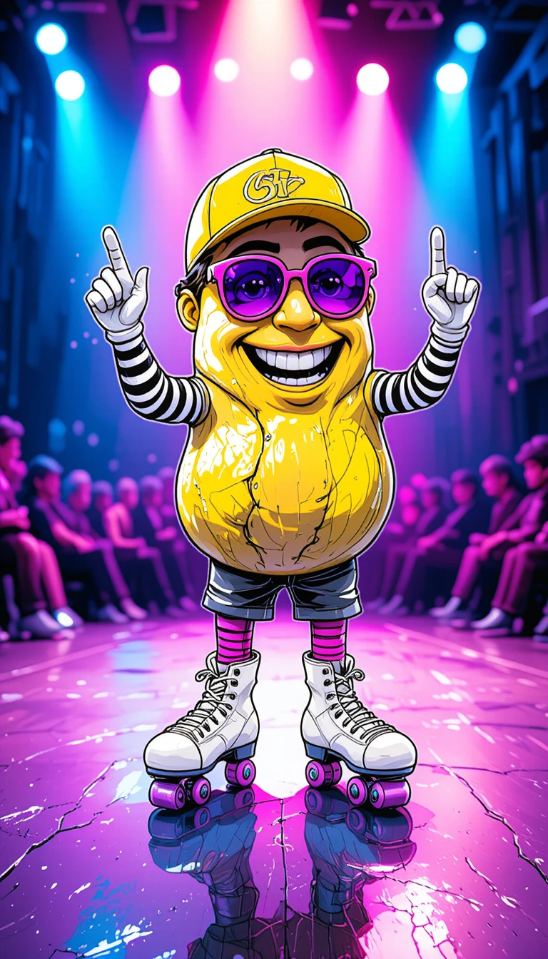 Roller skating potato character on a colorful concert stage