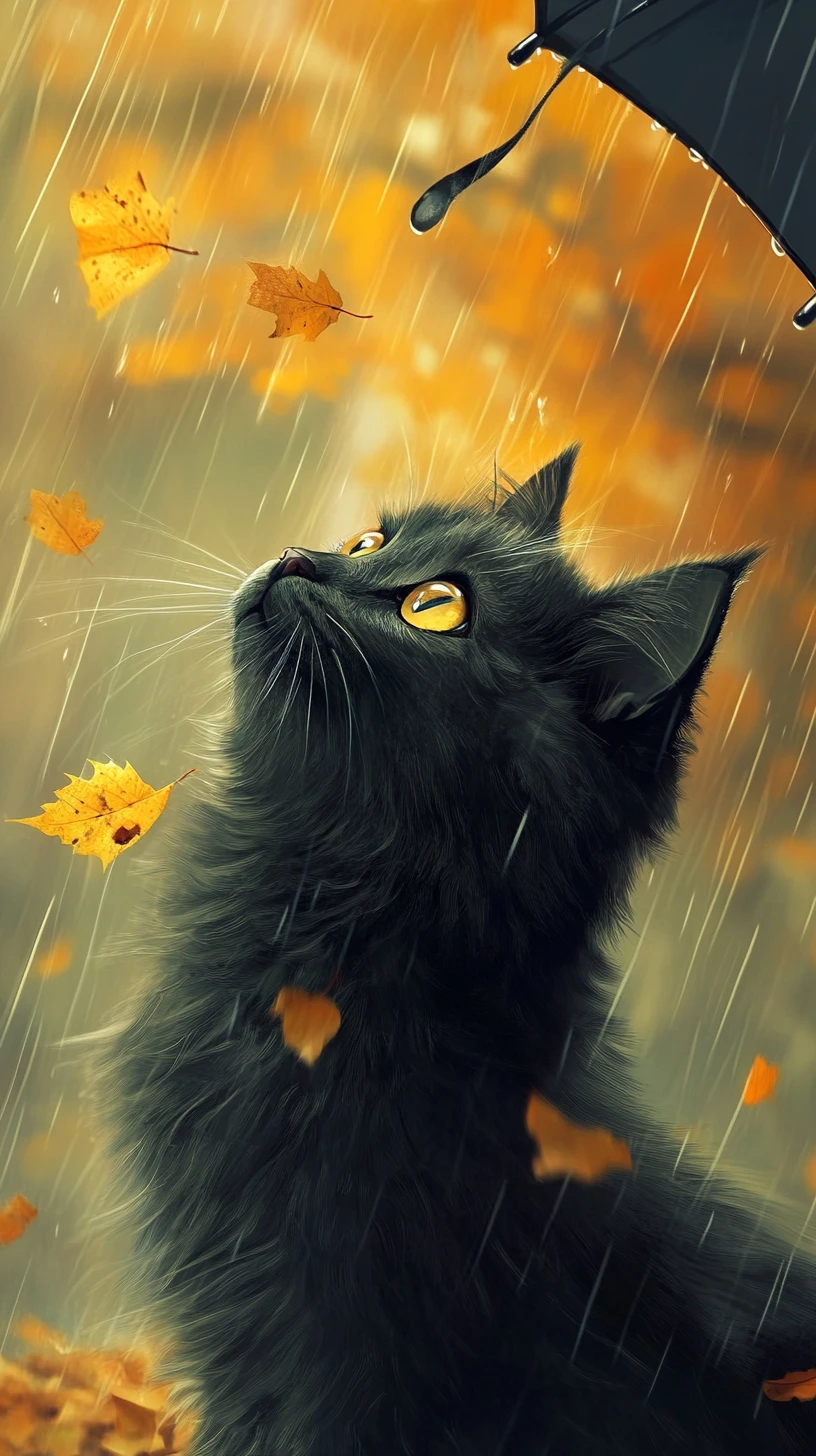 Chat sous un parapluie sous une douce pluie d’automne