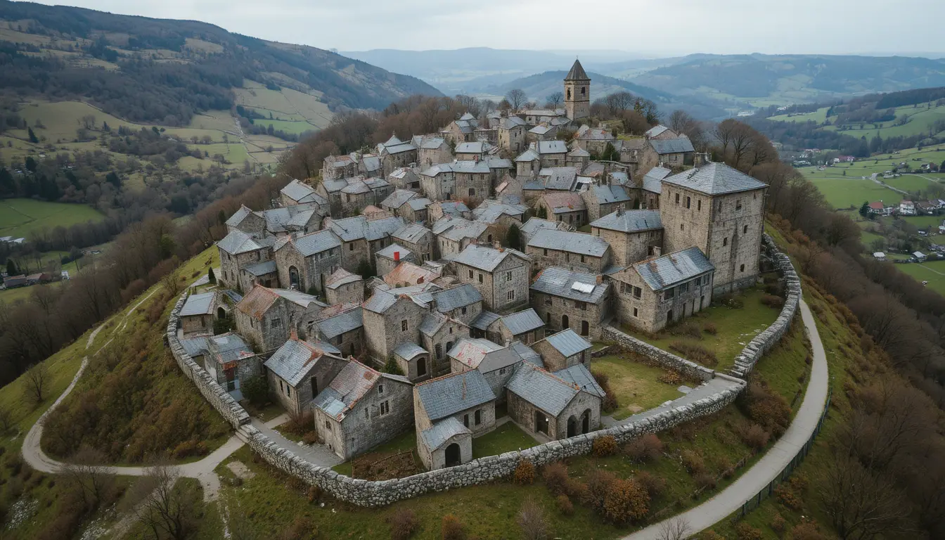 Aerial view of medieval hillside village under overcast sky