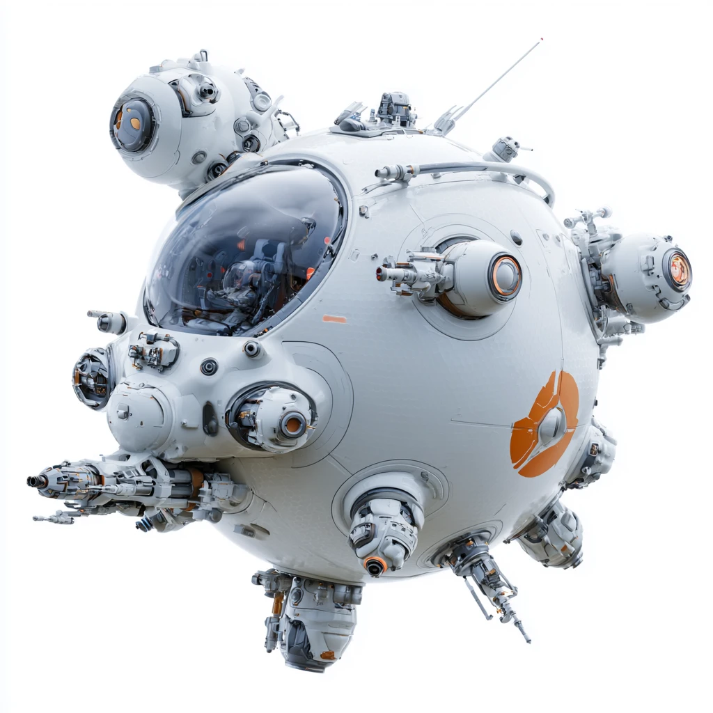 Futuristischer kugelförmiger Raumjäger mit sichtbarem Pilotencockpit