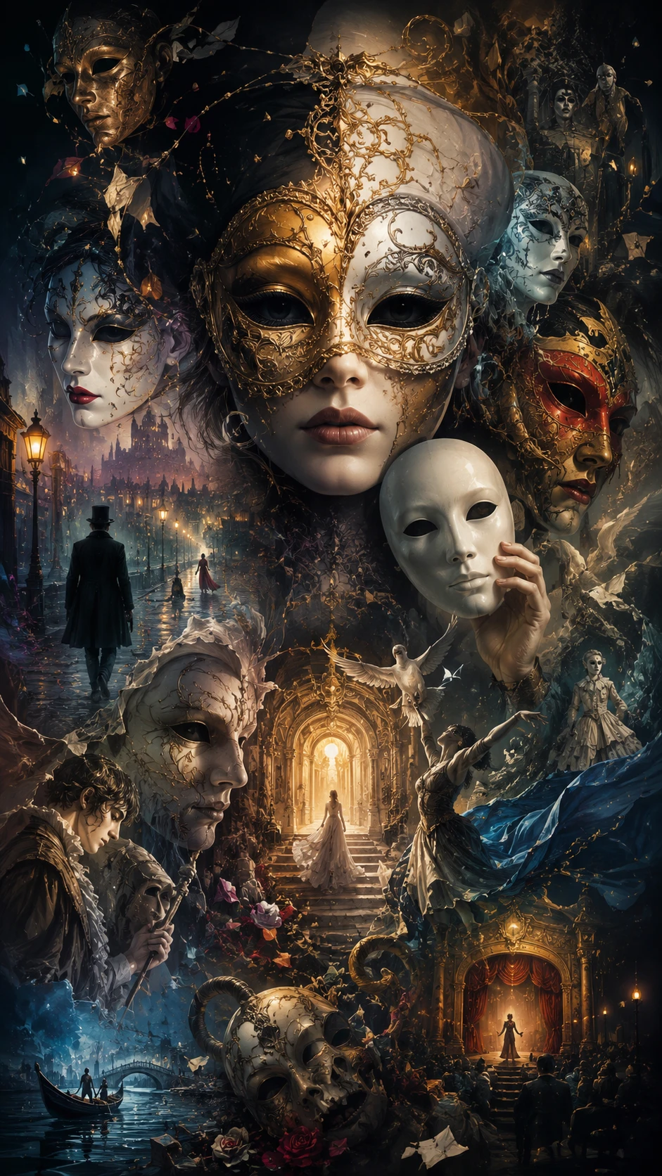 Epische digitale Illustration einer surrealen Welt der Masken