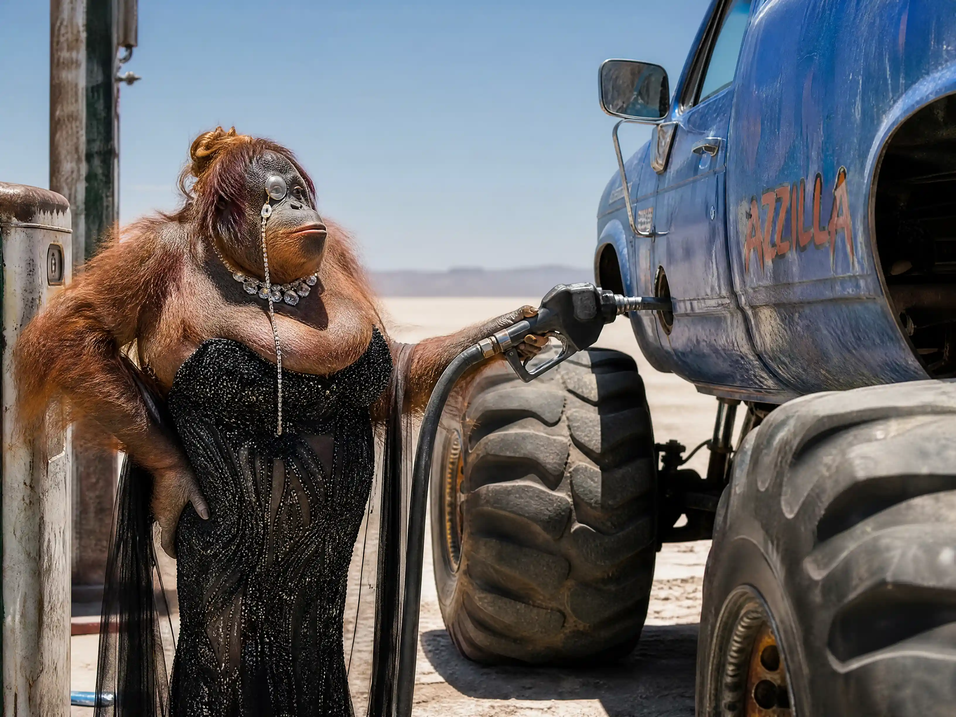 Orang-outan femelle diva faisant le plein d’un monster truck dans le désert