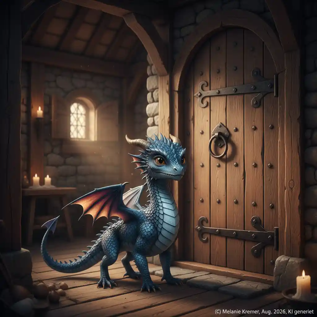Piccolo drago blu in un rustico cottage medievale di legno