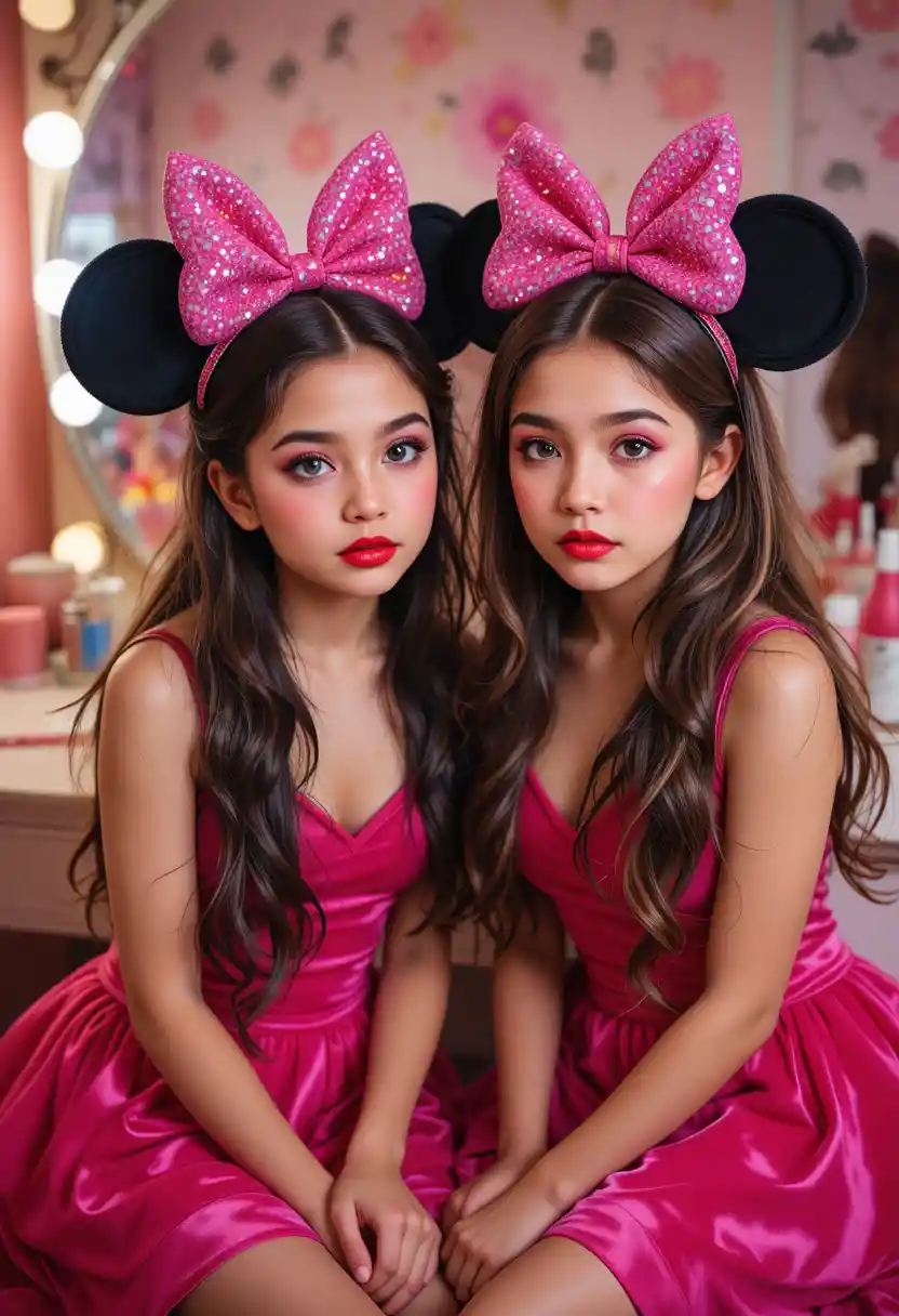 Ragazzi preadolescenti nervosi in abiti di Minnie davanti a un tavolo da trucco