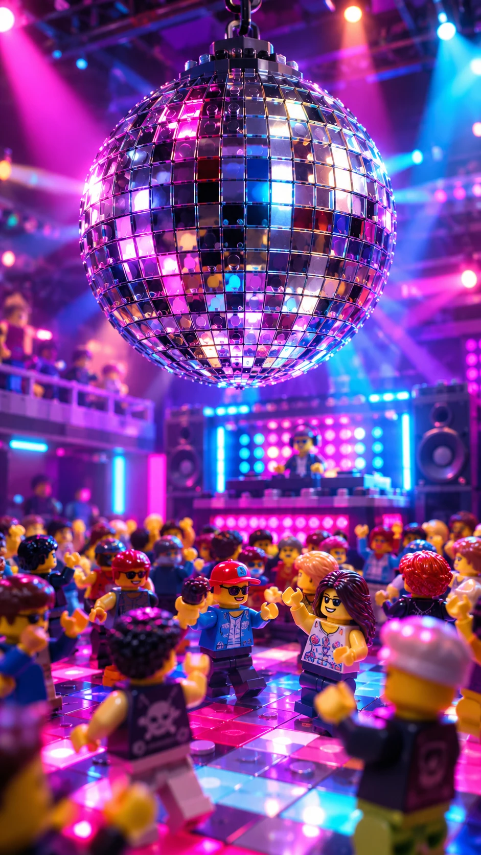 Extreme close up of a lego disco ball over dance floor