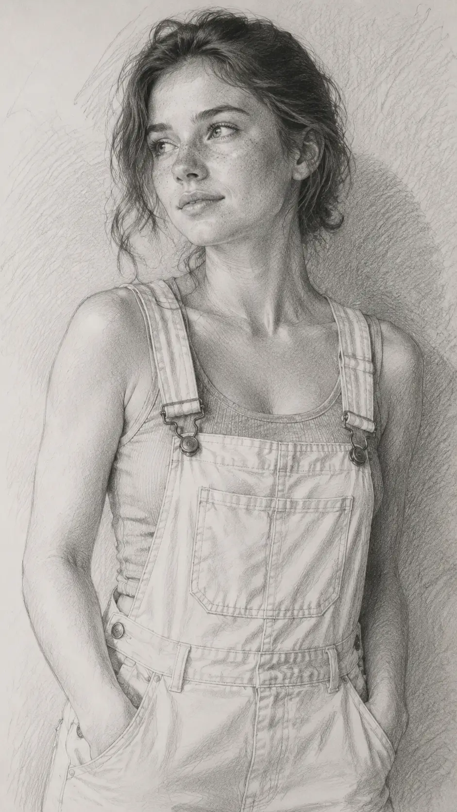 Portrait au graphite d’une jeune femme en salopette jaune