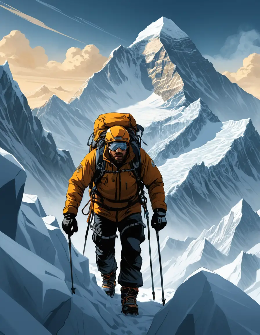 Mountaineer climbing a snowy ridge on Mount Everest at dawn