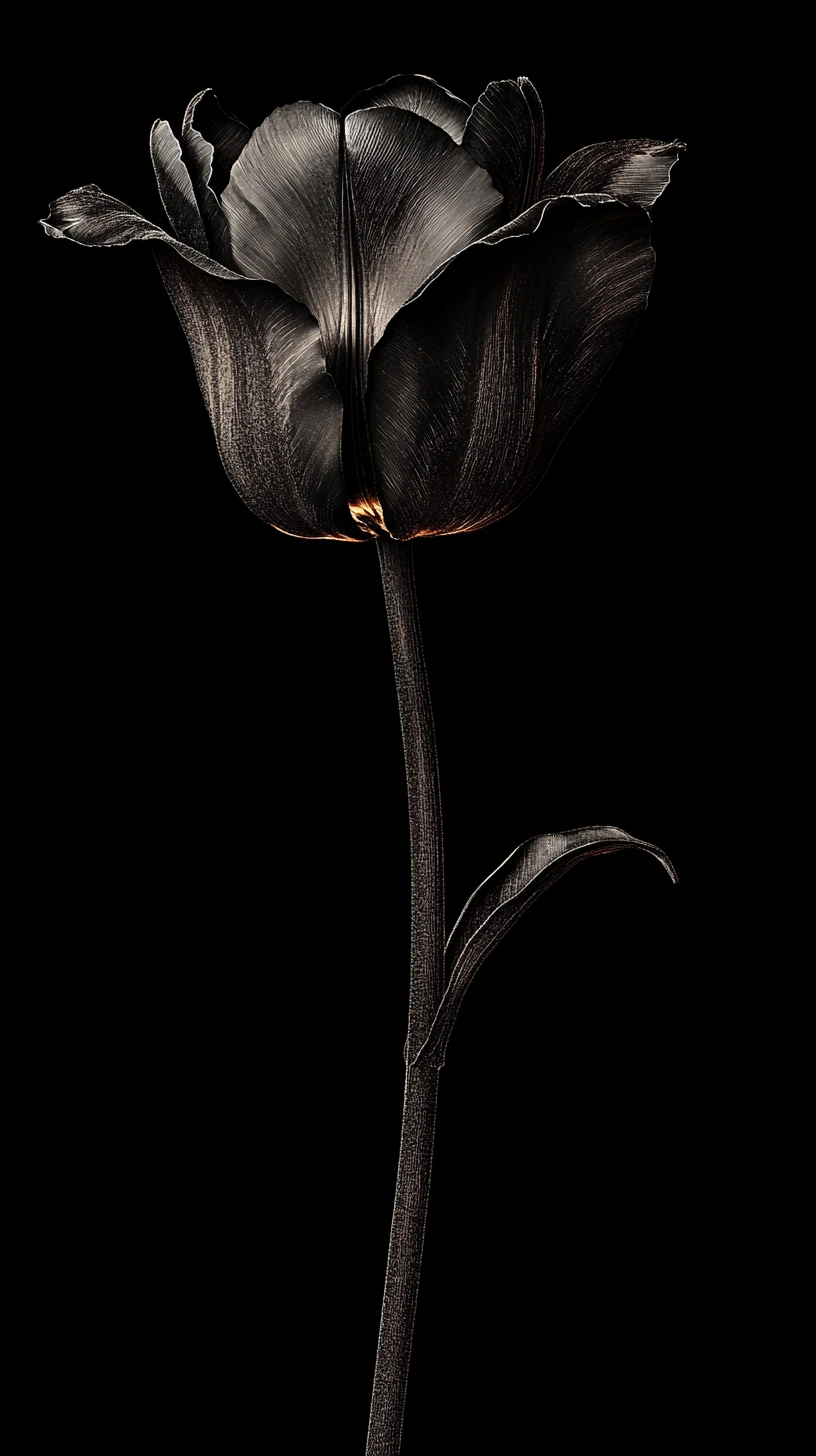 Schwarze Tulpe, die aus der Dunkelheit in einer surrealen botanischen Szenerie auftaucht