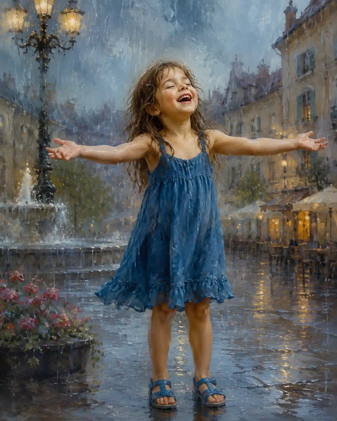 Garota rindo de vestido azul sob a chuva de verão na cidade