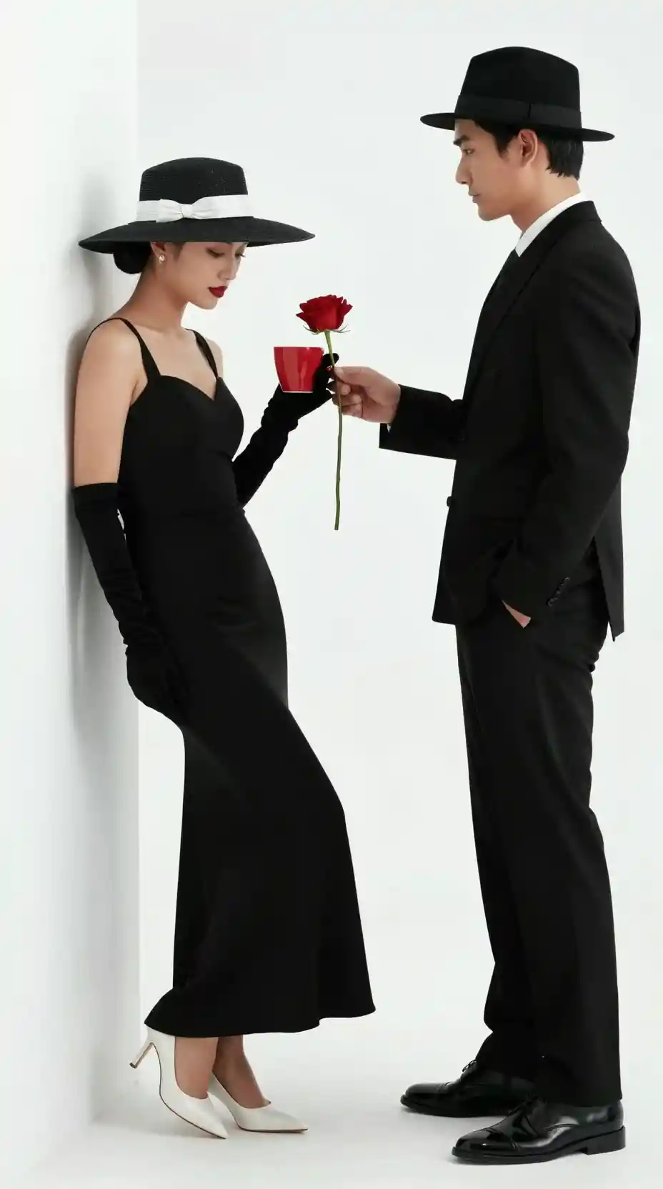 Casal elegante em moda preta diante de parede branca de estúdio