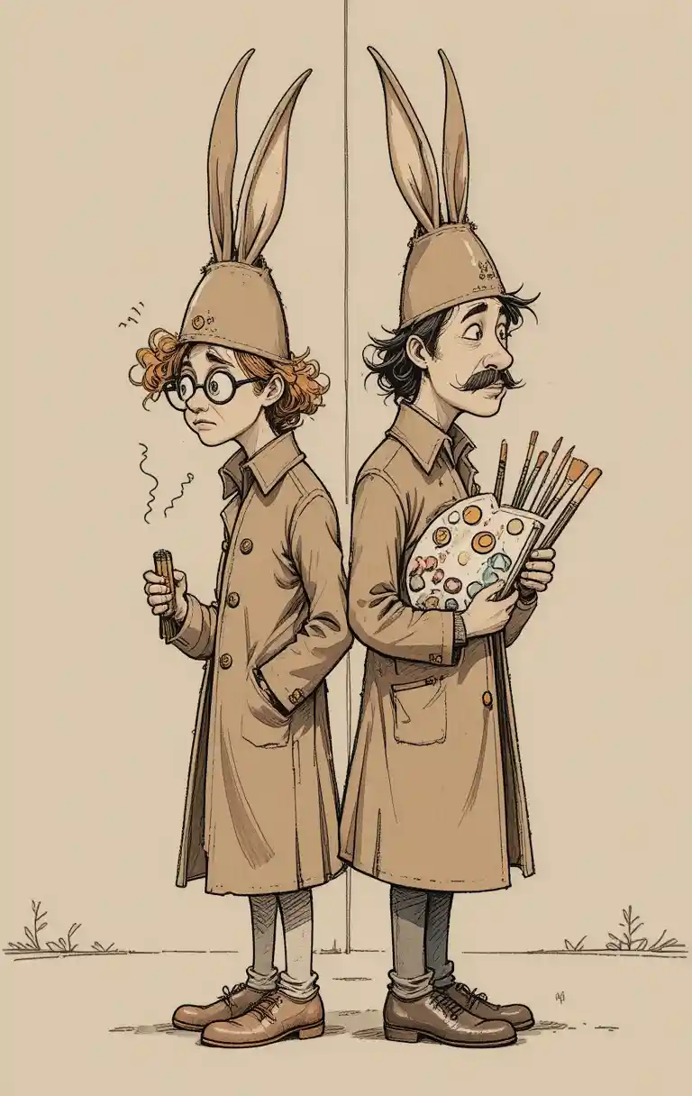 Verspieltes Cartoon-Duo mit spitzen Hüten Rücken an Rücken