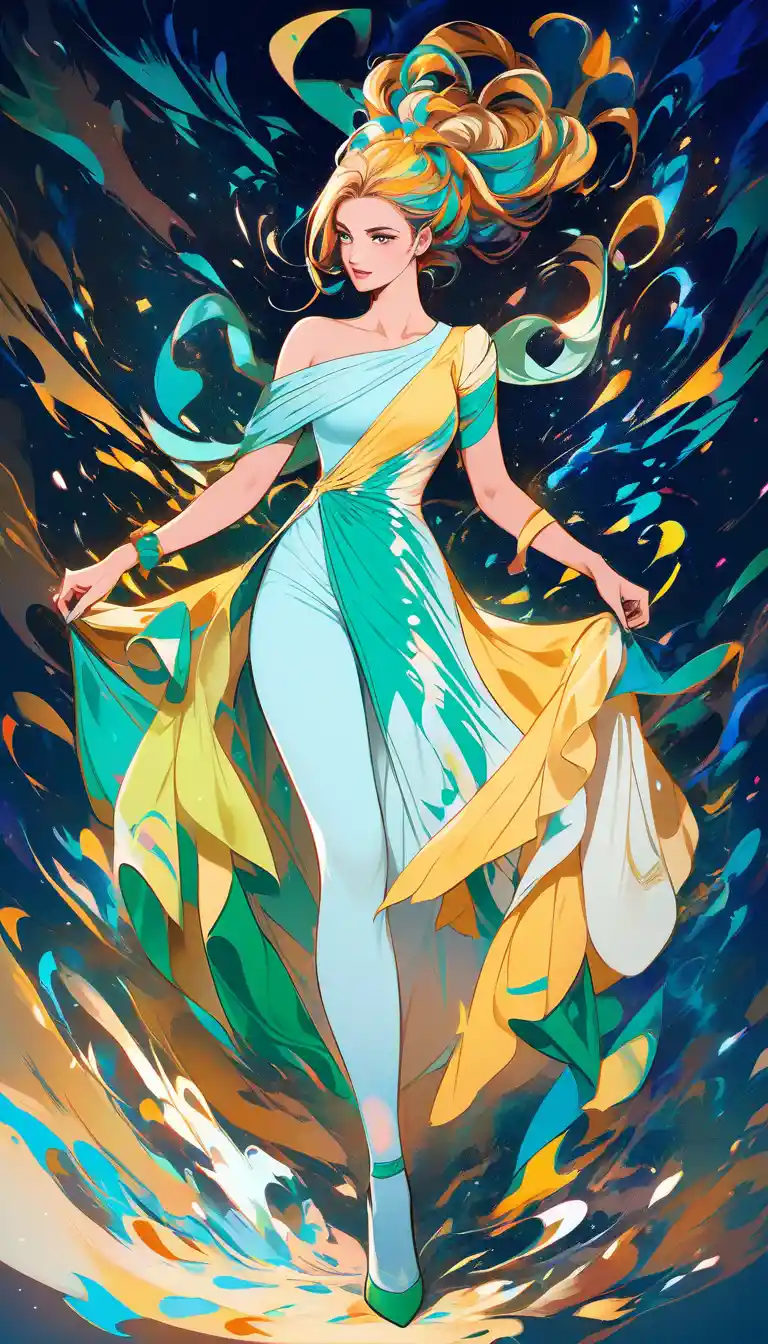 Mujer atlética con vestido colorido sobre fondo azul verde turquesa