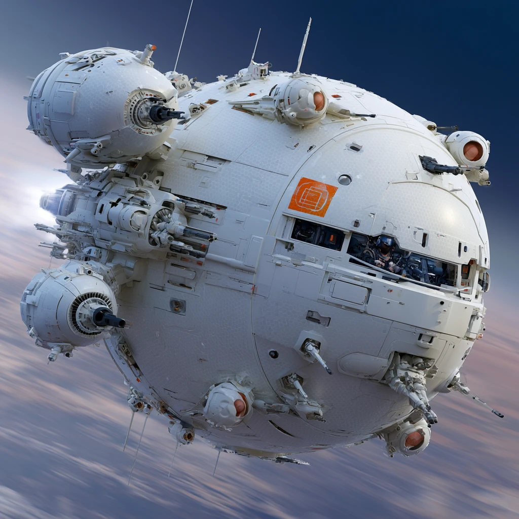 Caza espacial esférico monoplaza con cabina de piloto visible