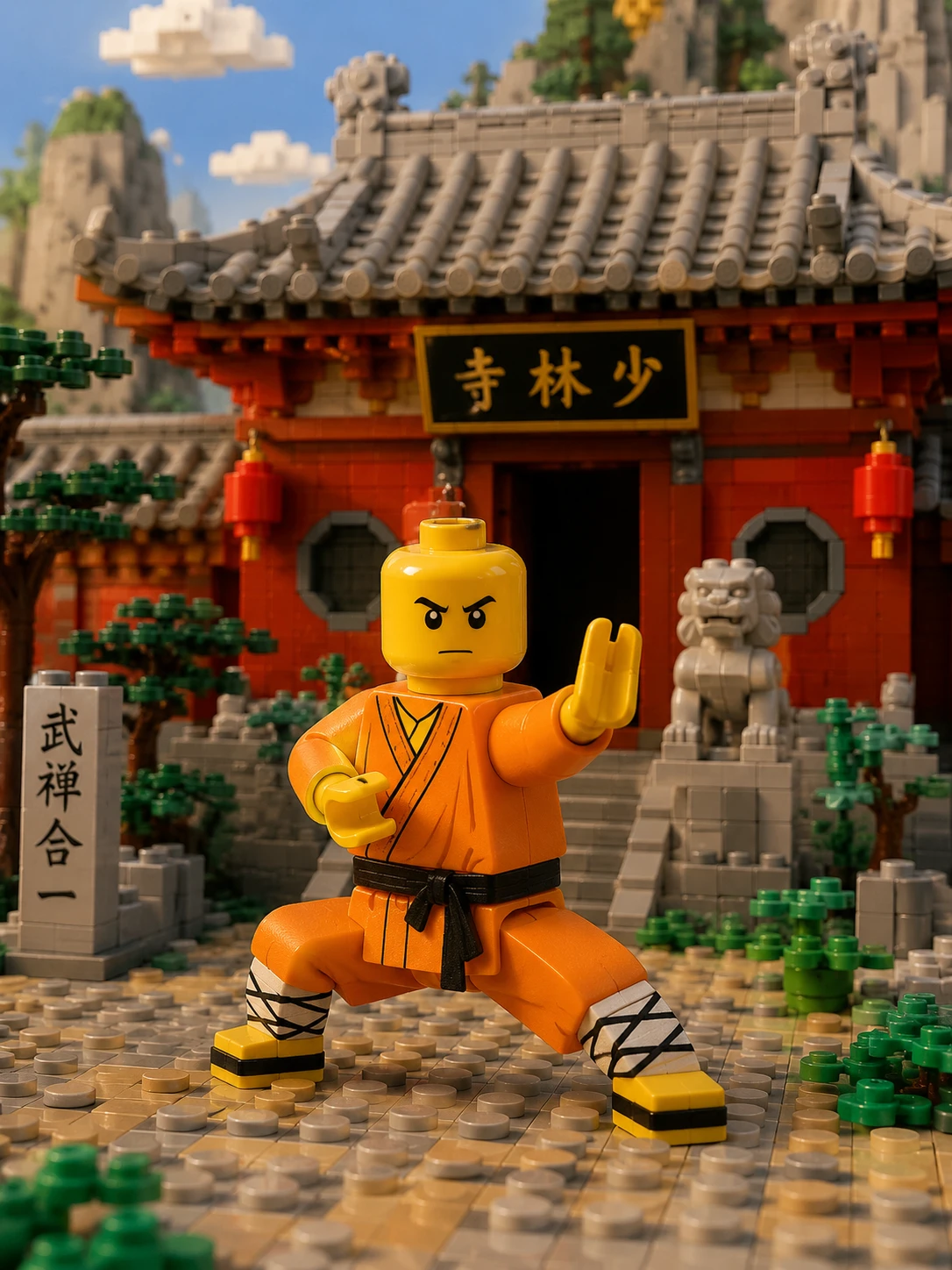 Artista marcial de Shaolin posando em frente a um templo de Lego