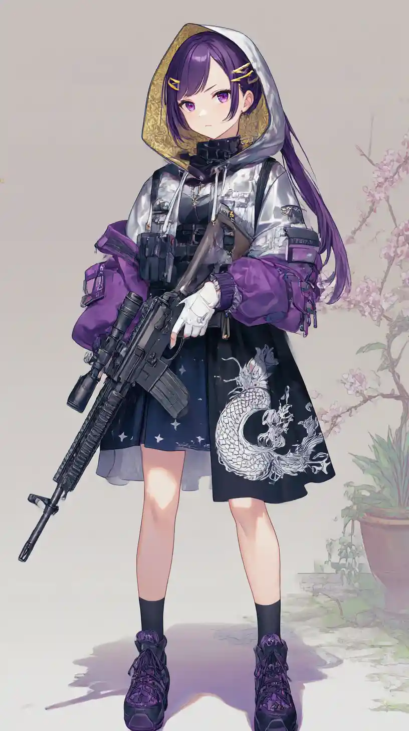 Anime girl with rifle in a burning urban war zone