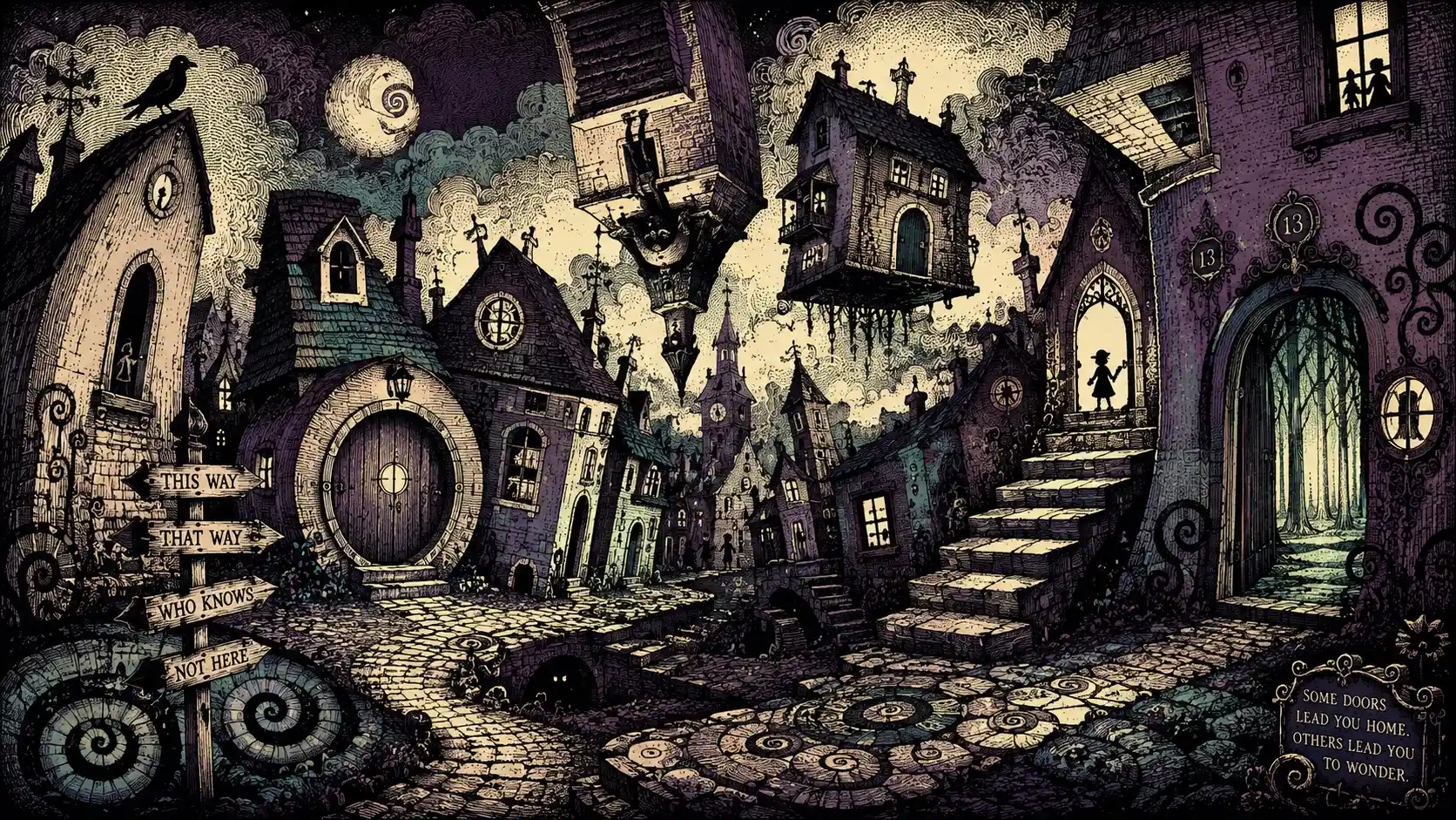 Village fantastique et fantaisiste aux portes et chemins impossibles