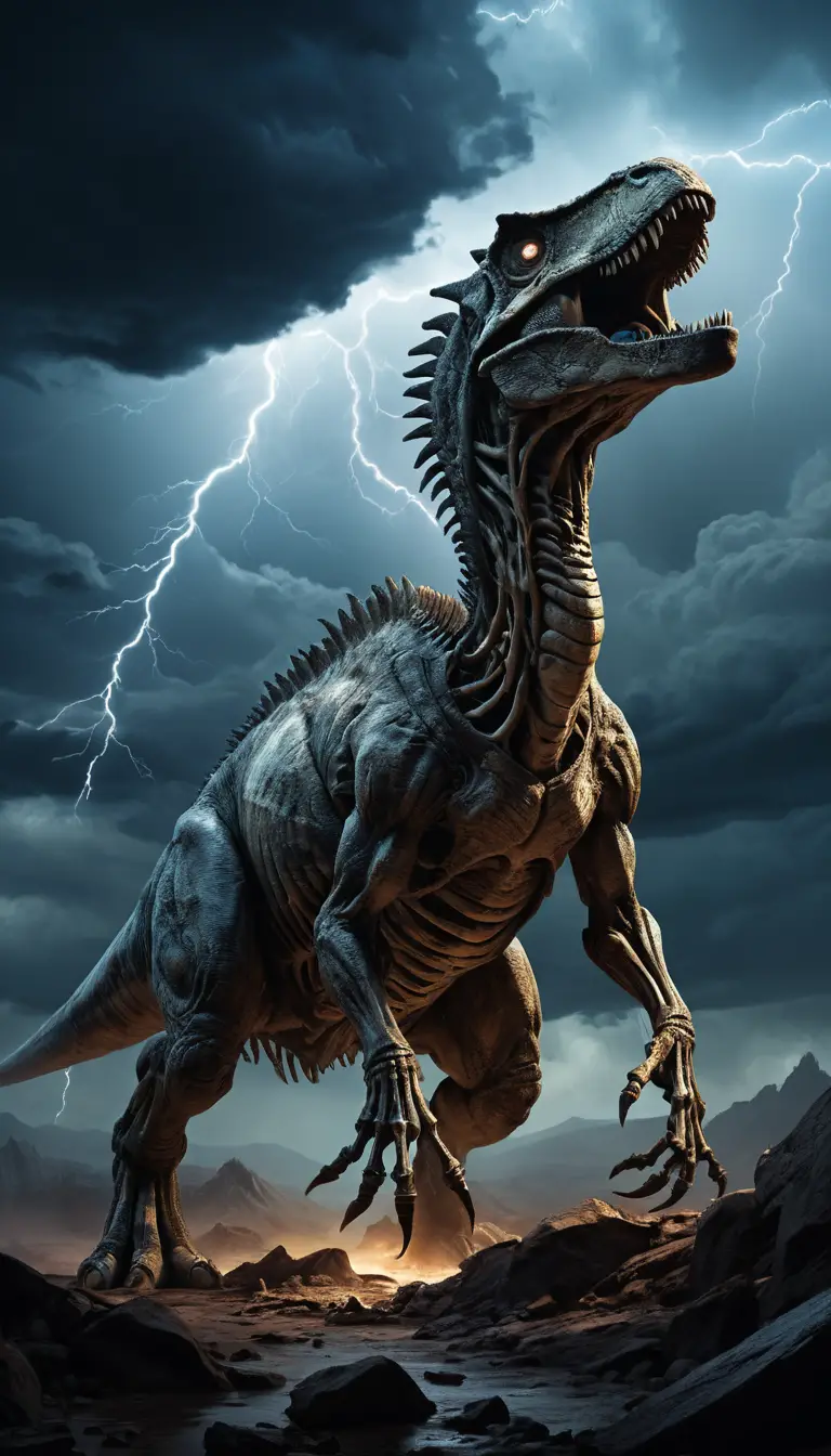 Ancien Fossile de Dinosaure Éclairé par la Foudre lors d’une Nuit Orageuse