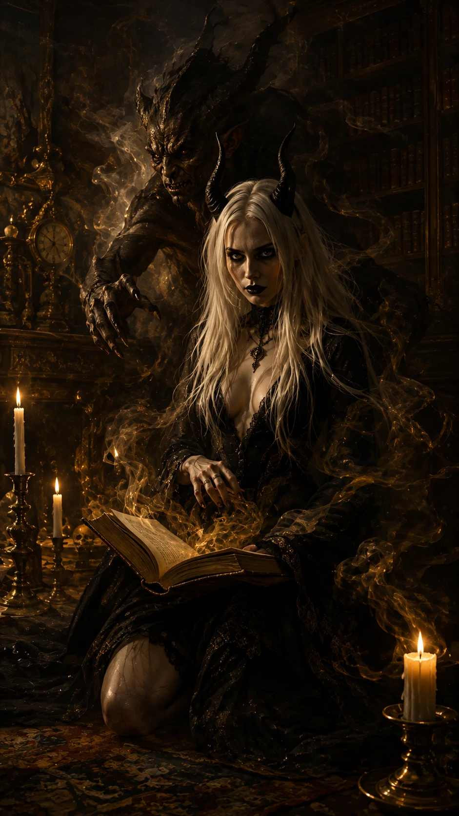 Barocke Fantasy‑Bibliothek mit Kerzenrauch und Schatten