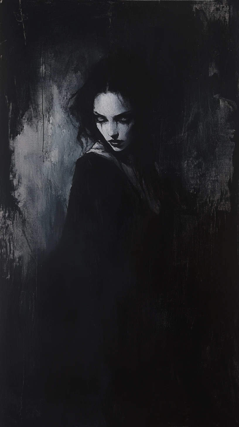 Portrait en impasto sombre d’une figure féminine aux traits durs