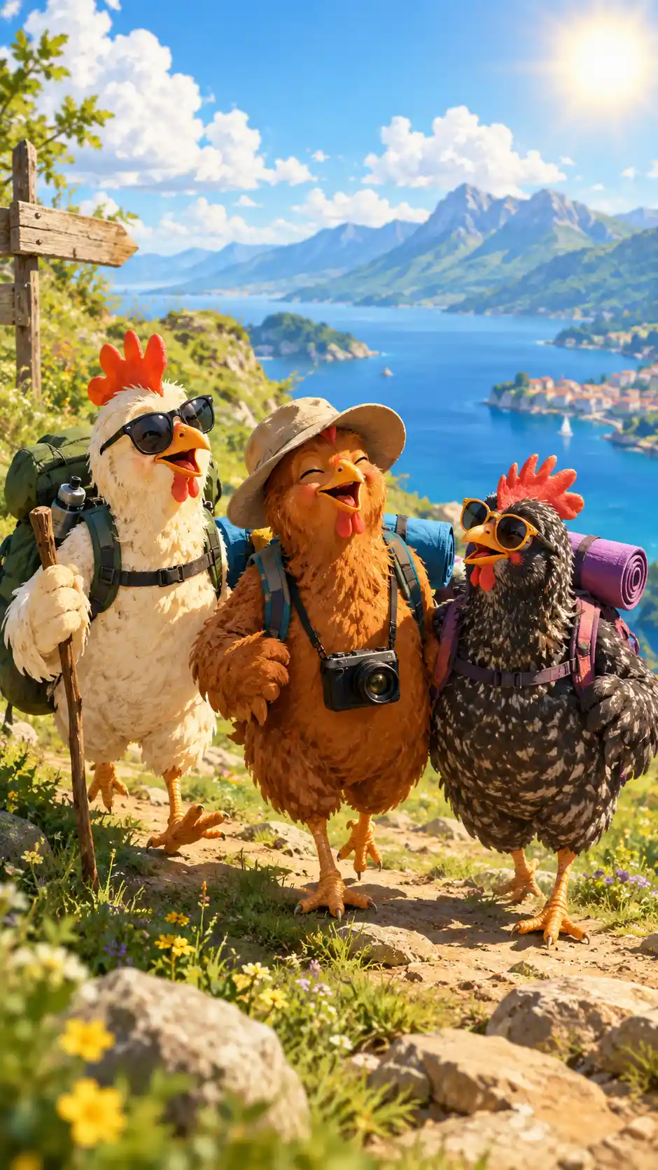 Three cheerful chickens on a sunny day outing