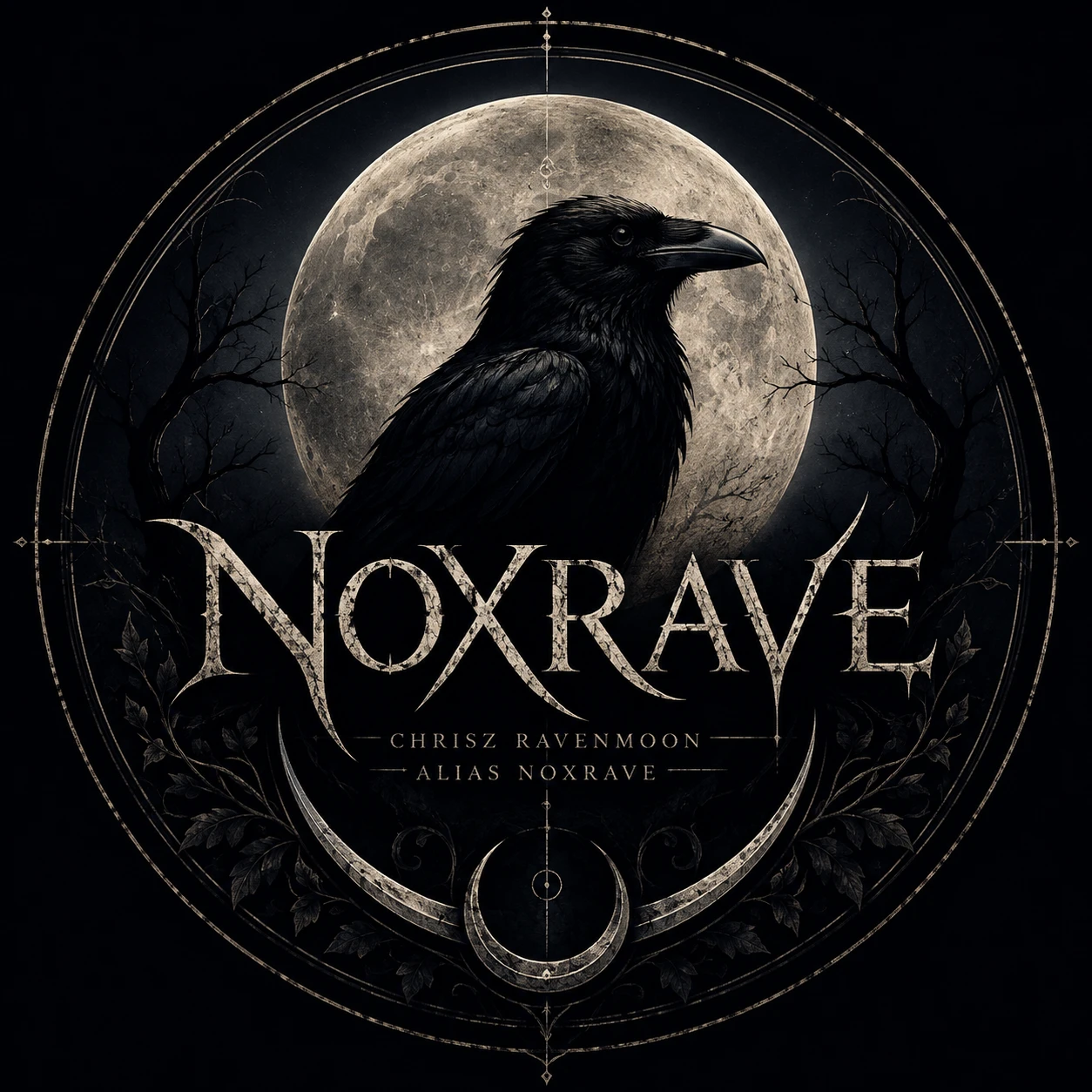 Logotipo de corvo negro e lua para o projeto musical Noxrave