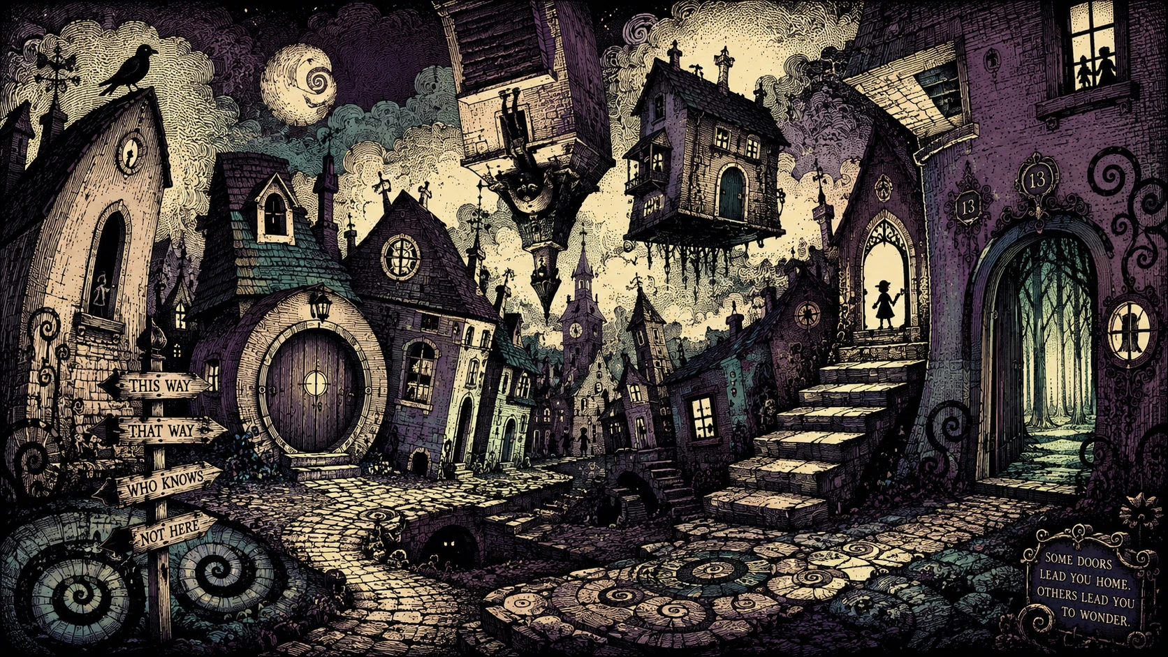 Whimsical fantasy village of impossible doorways and paths
