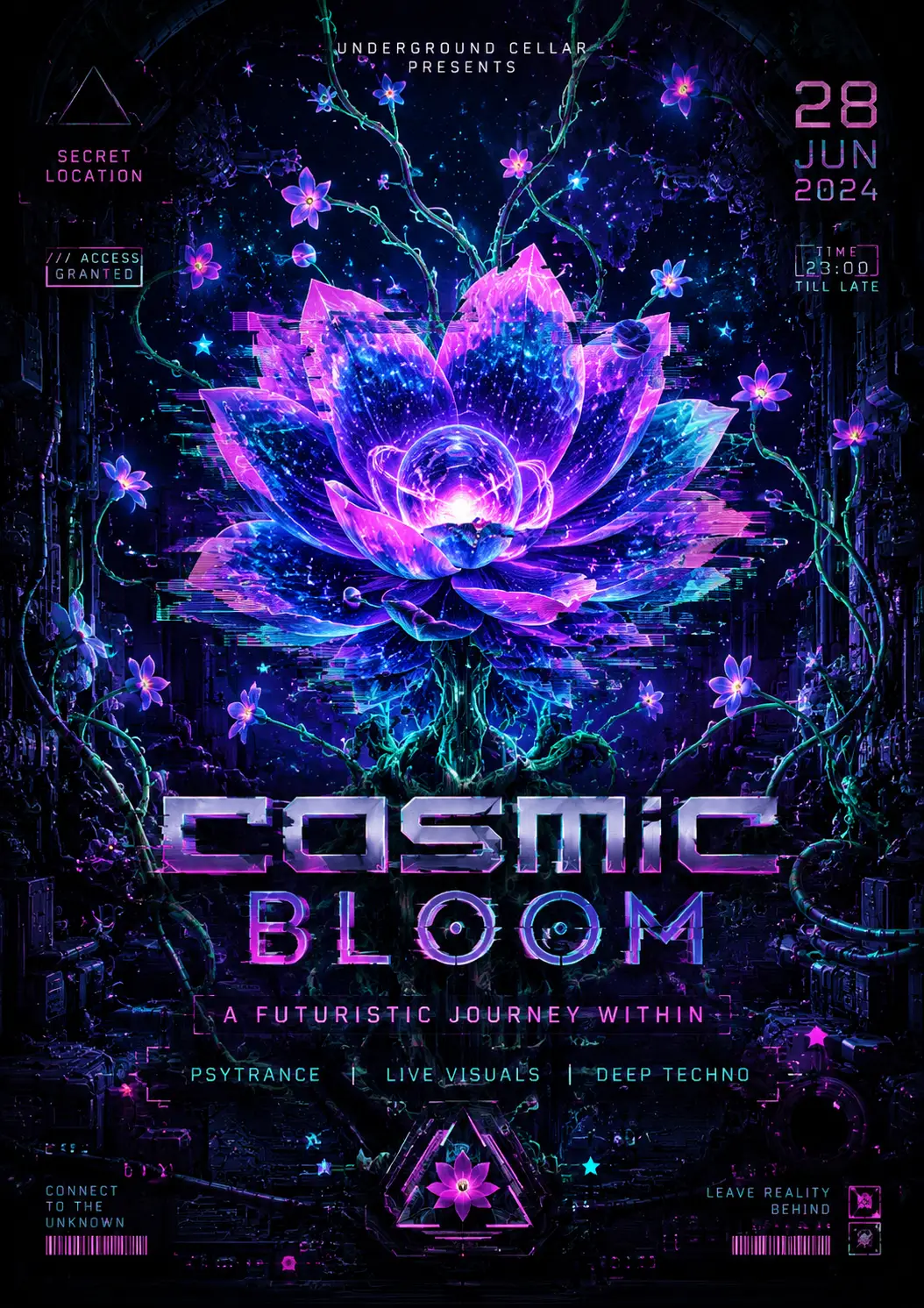 黑暗科幻地窖中發光的霓虹宇宙花