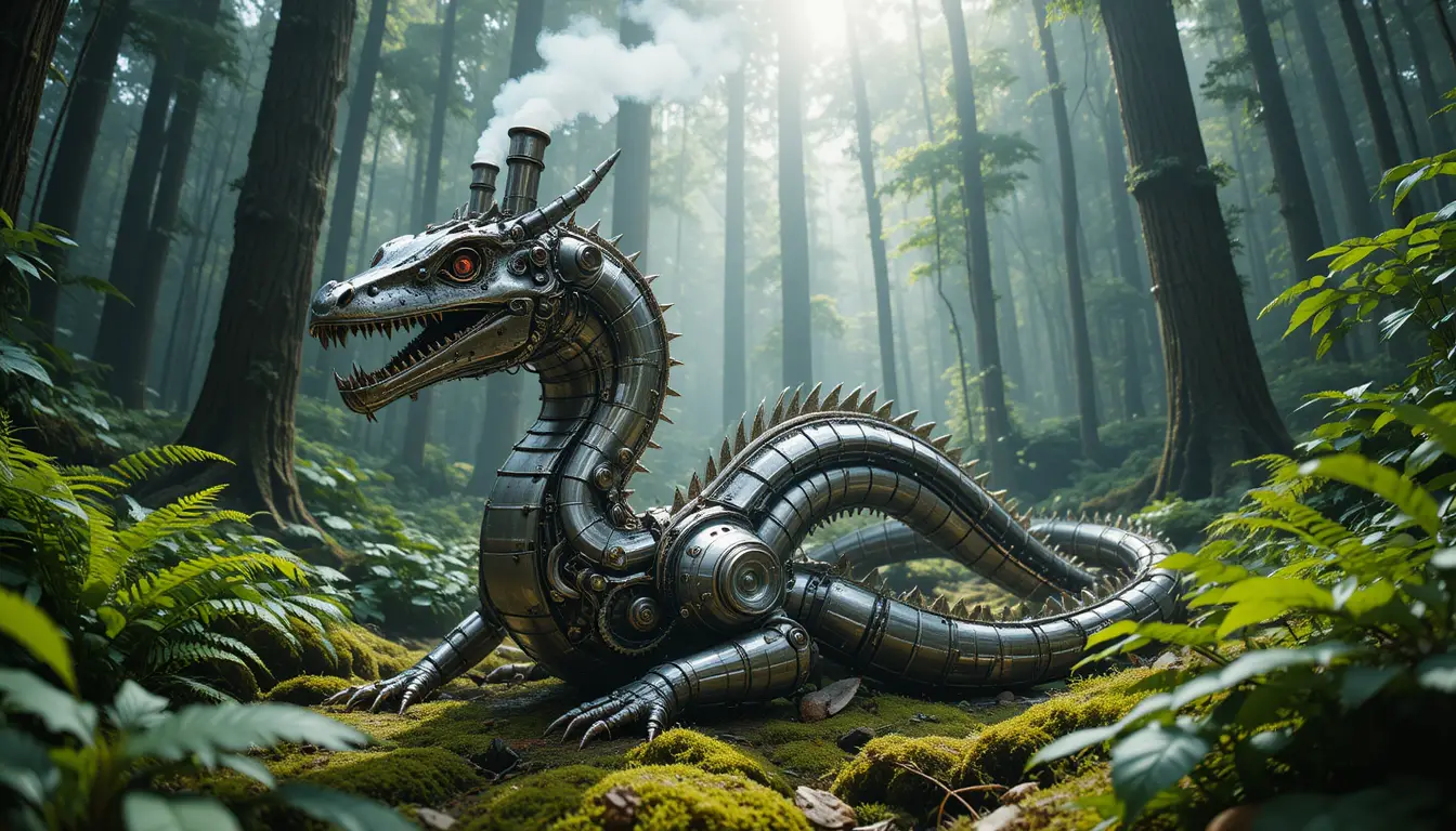 Mechanical steampunk dragon resting in a misty forest