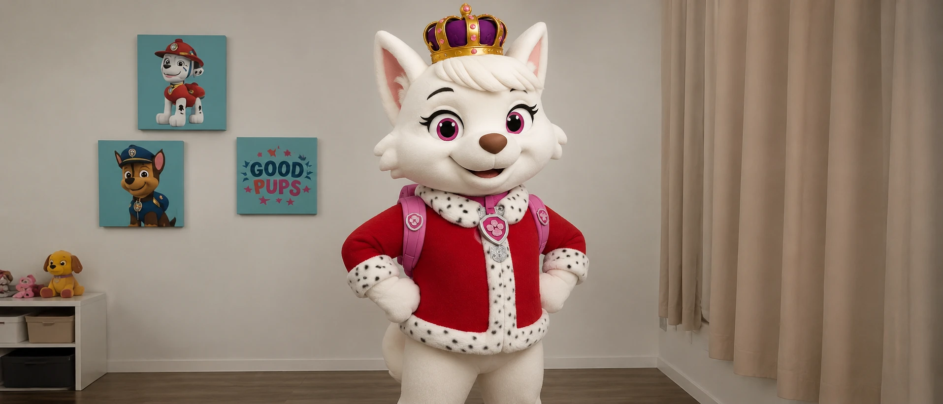 Mascote de cachorro princesa usando coroa e acessórios caninos em destaque