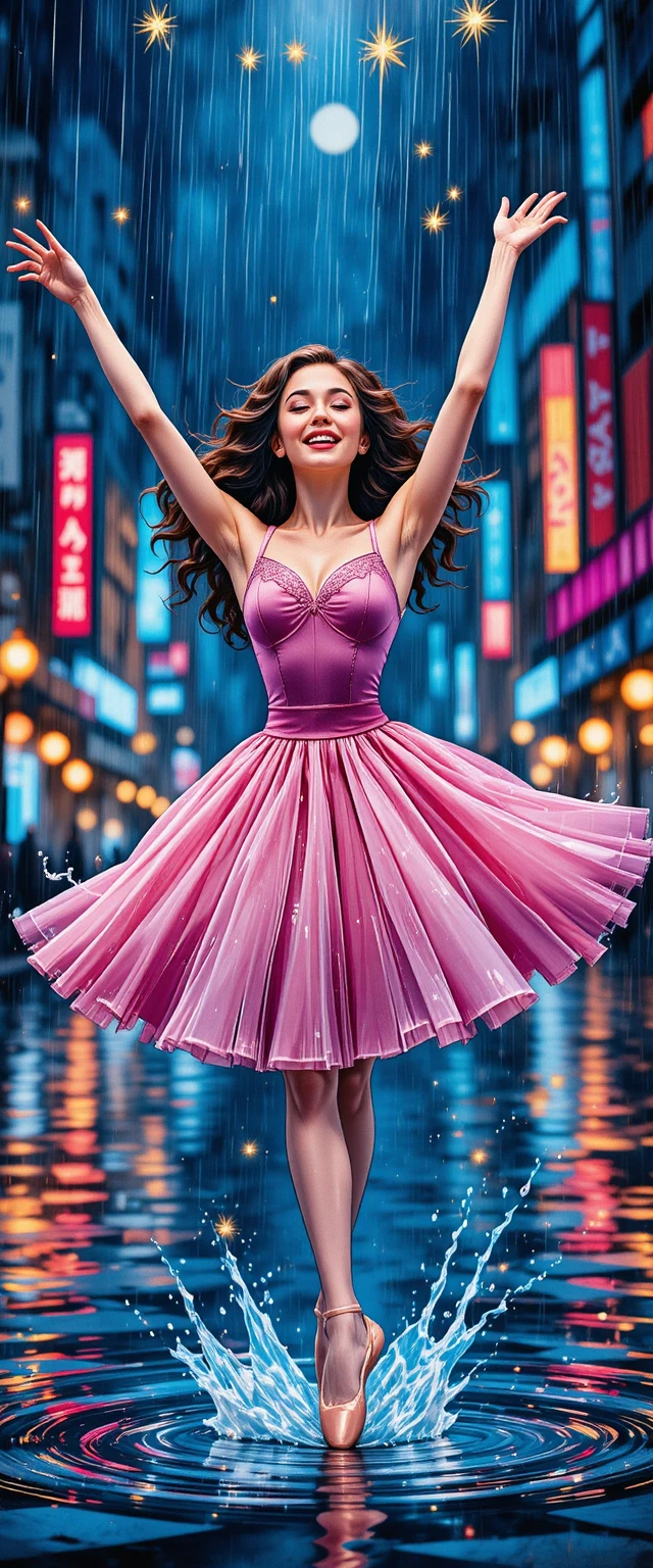 Bailarina de balé com vestido rosa dançando alegremente na chuva
