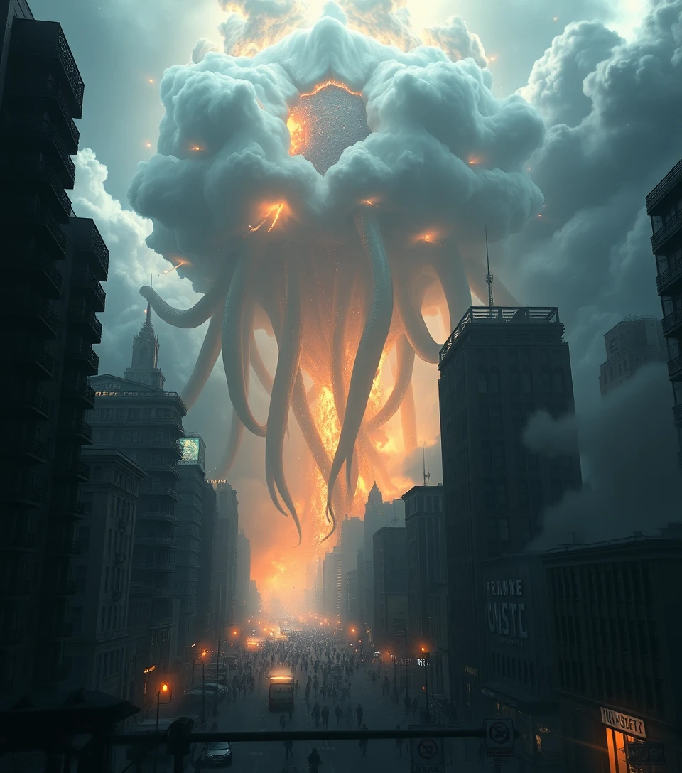 Monstro cósmico colossal devorando uma cidade à noite