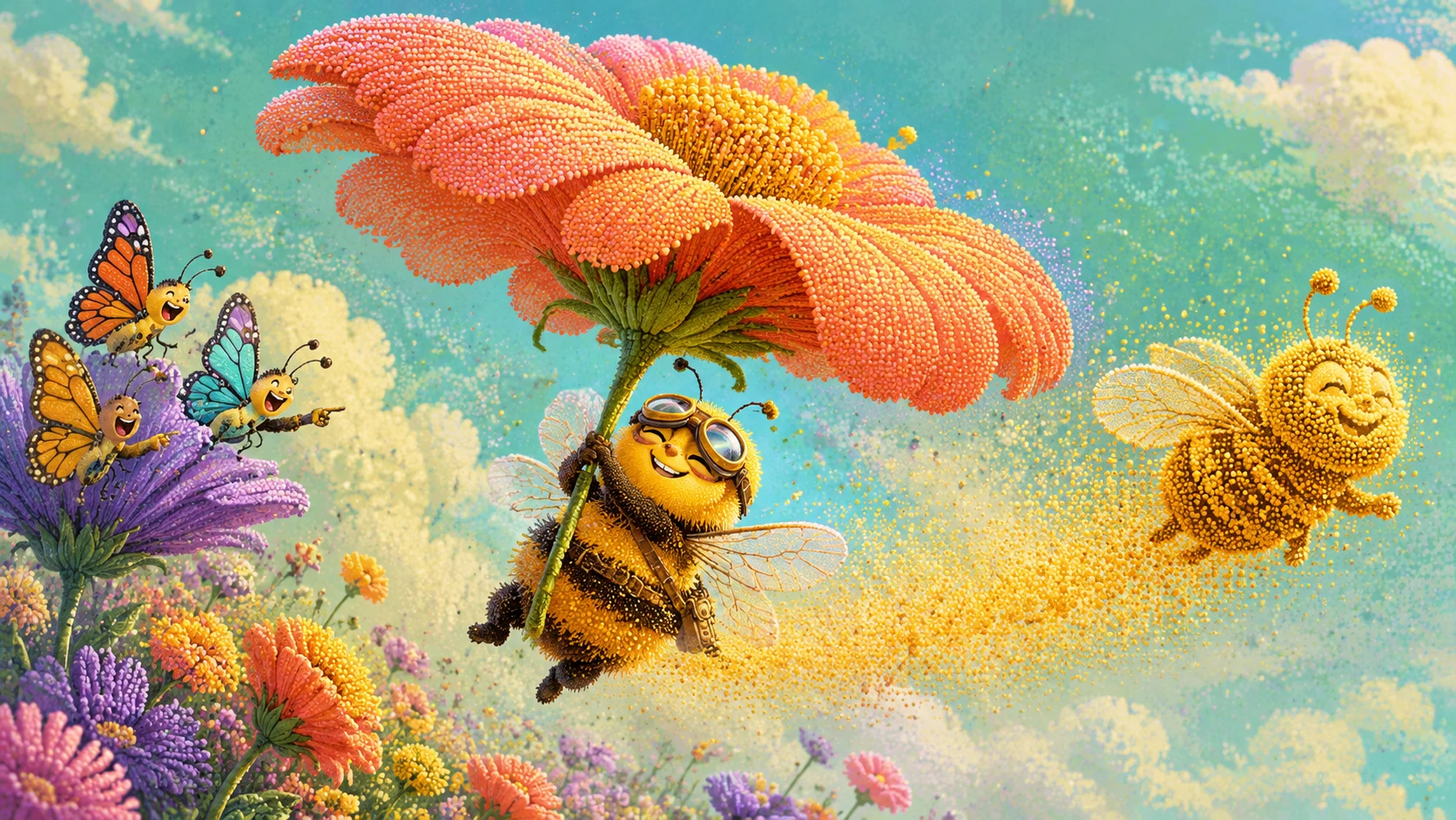 Pequeña abeja confiada tambaleándose por el cielo con una flor